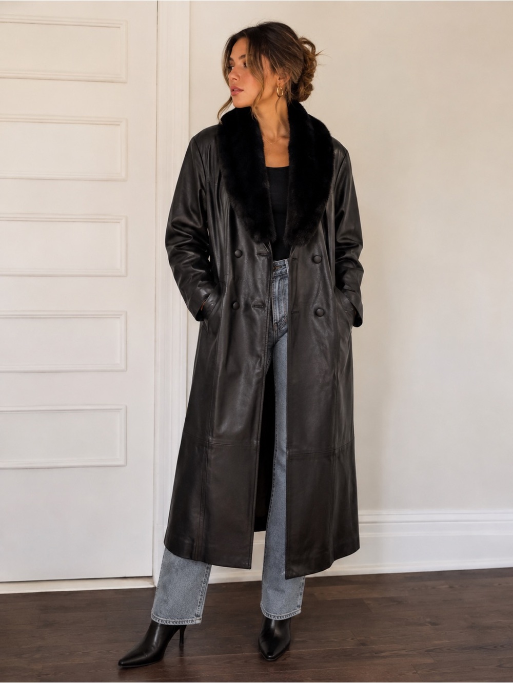 Vintage Madigans Black Leather Trench Coat Faux Fur Collar Double Breasted